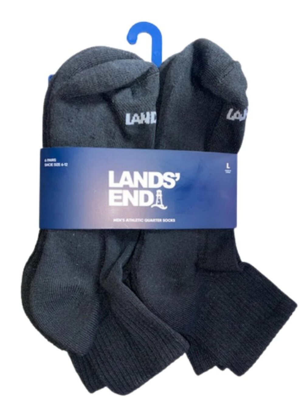 Lands' End 6 Pair Men's Black Athletic Quarter Socks Shoe Size 6-12